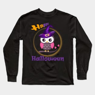 Who is ready to scare? Funny baby owl with a witch hat and a web of two hearts with a ghostly spider - Happy Halloween Long Sleeve T-Shirt